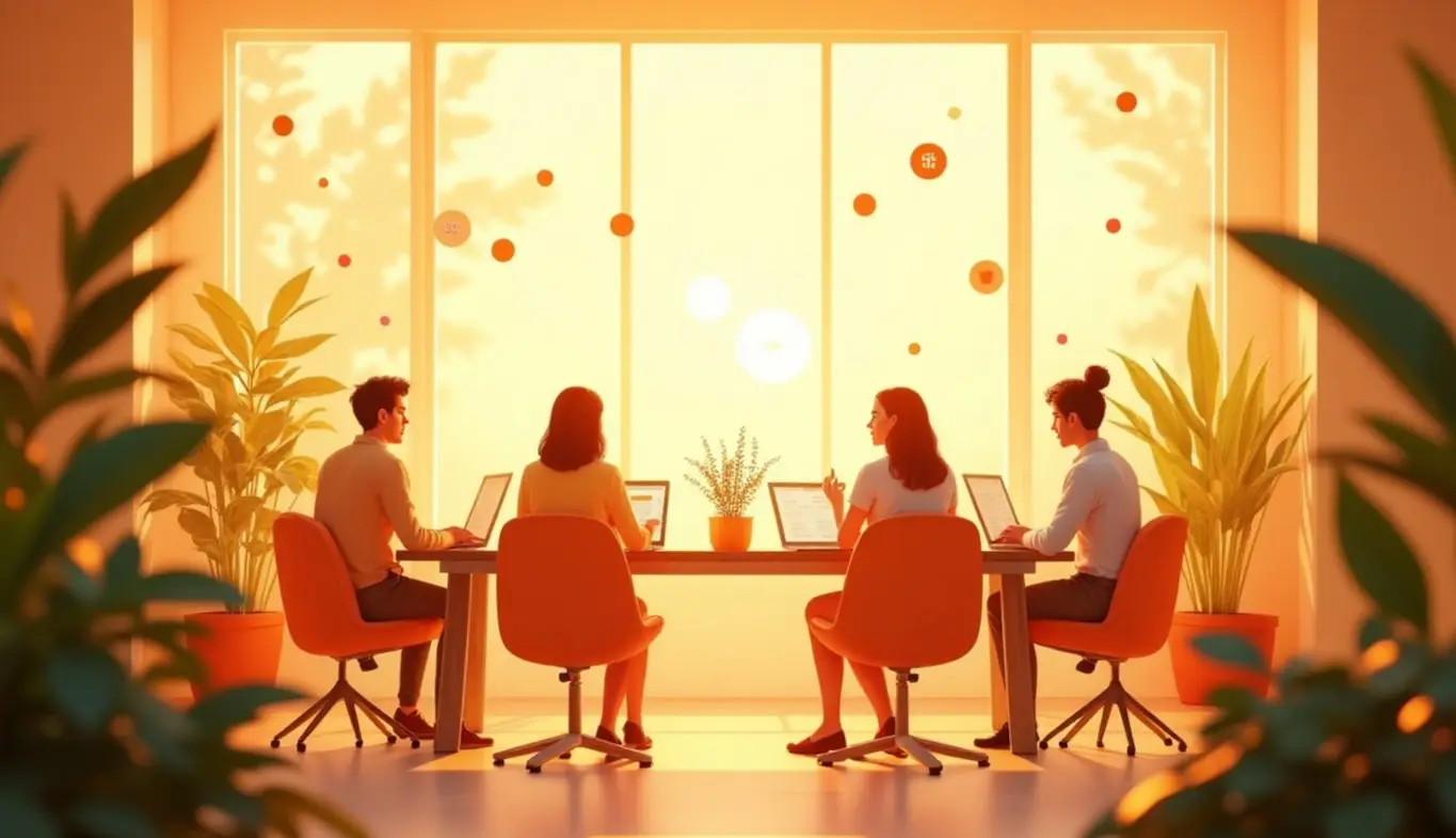 illustrative image shows four people sitting around a table, with a large window in the background and plants on the sides