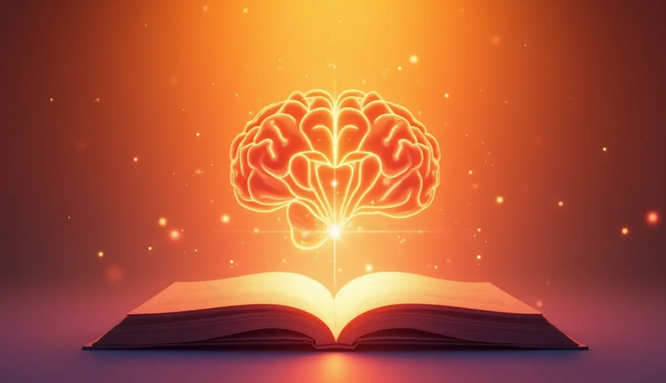 Ilustração gerada por IA mostra um cérebro iluminado flutuando em cima de um livro aberto em um fundo colorido