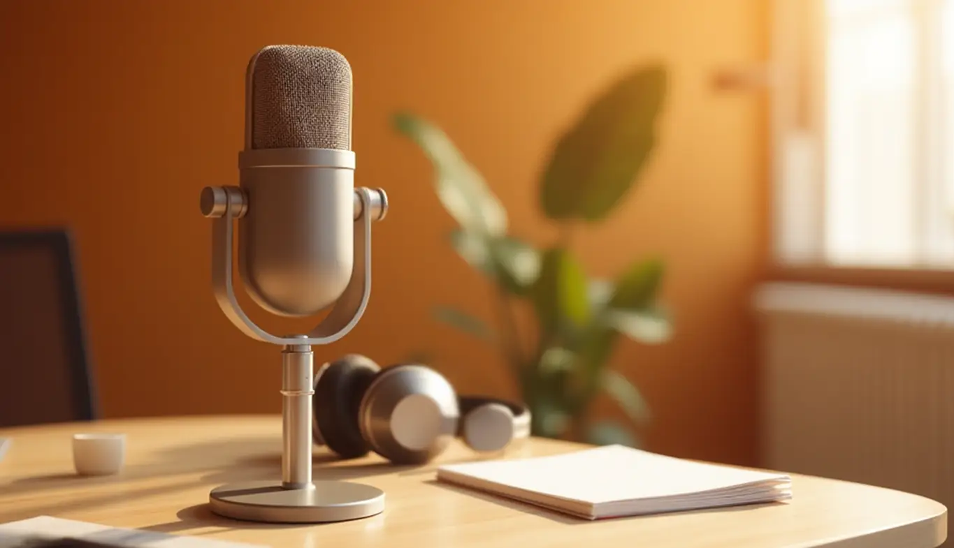 Ilustração gerada por IA mostra um microfone de podcast em primeiro plano, com itens de escritório ao fundo
